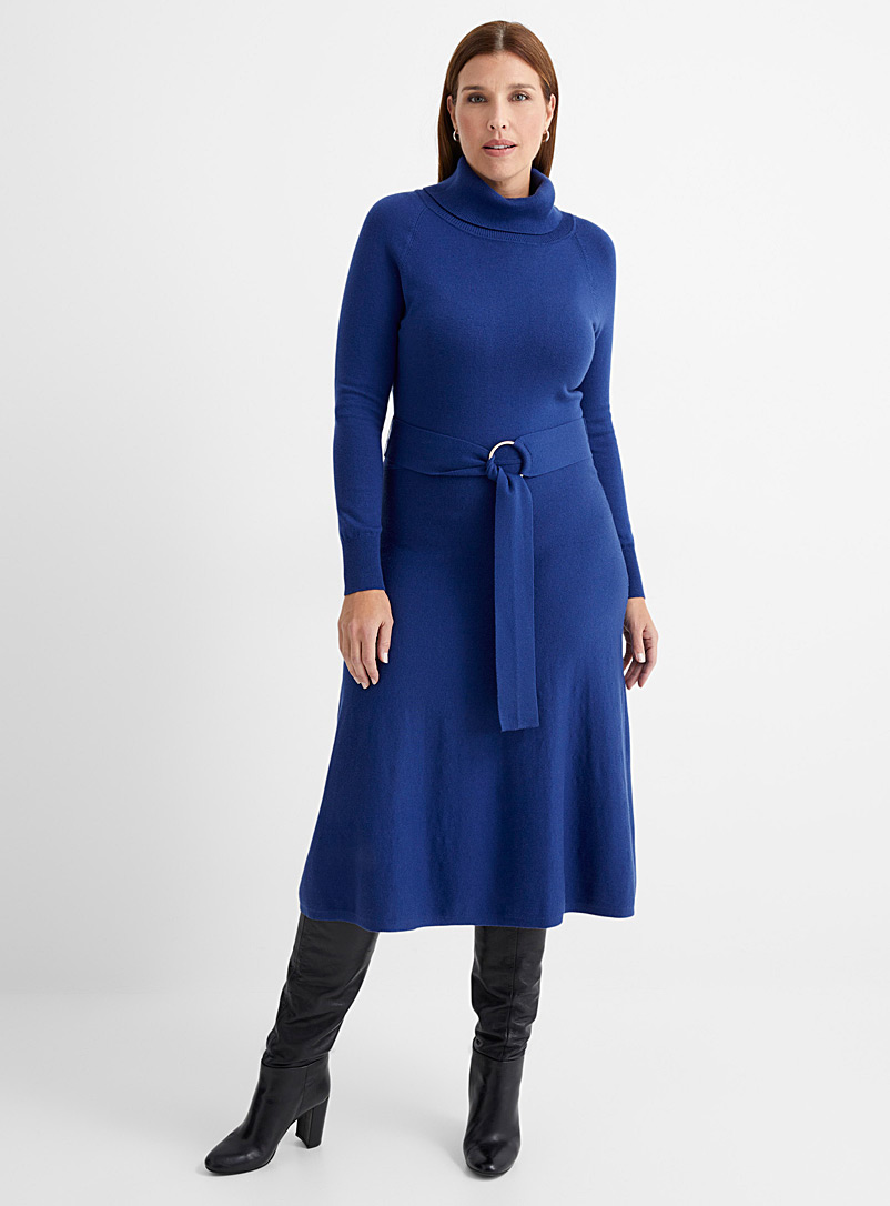 Contemporaine Dark Blue Belted turtleneck dress for women