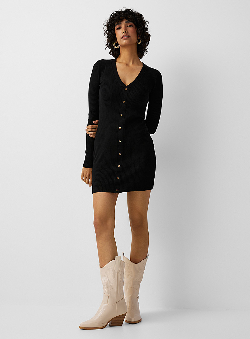 Twik Black Finely-ribbed buttoned dress for women
