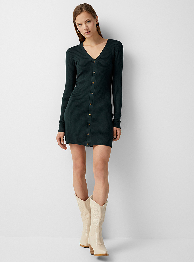 Twik Mossy Green Finely-ribbed buttoned dress for women