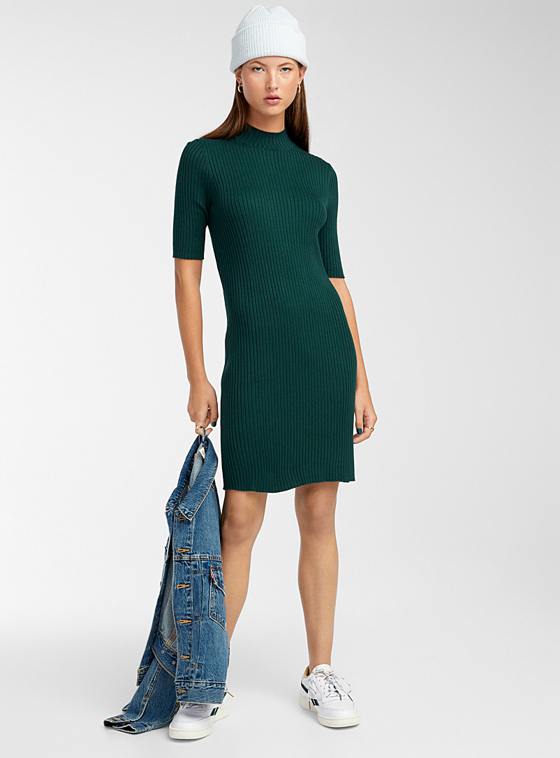 Twik Bottle Green Ribbed-knit slim-fit mock-neck dress for women