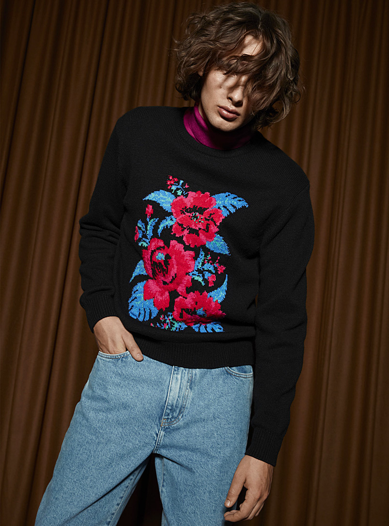 Le 31 Black Floral jacquard sweater for men