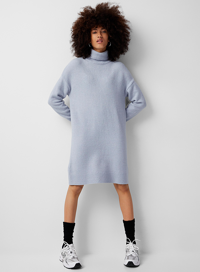 Twik Slate Blue Plush knit turtleneck dress for women