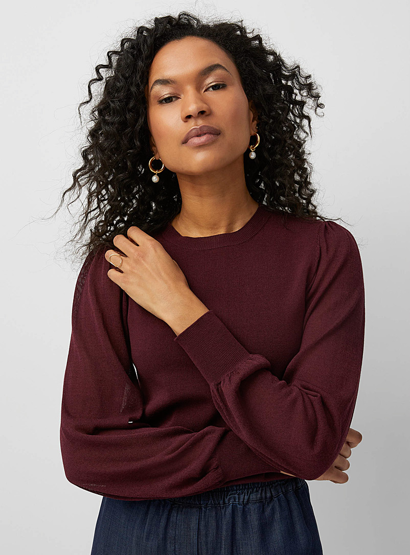 Contemporaine Dark Crimson Sheer puff-sleeve sweater for women