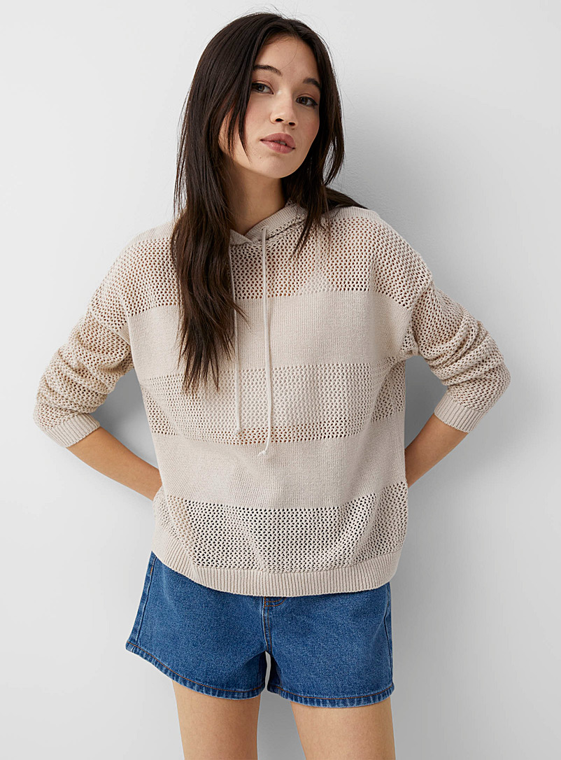 Twik Cream Beige Pointelle knit stripes hooded sweater for women