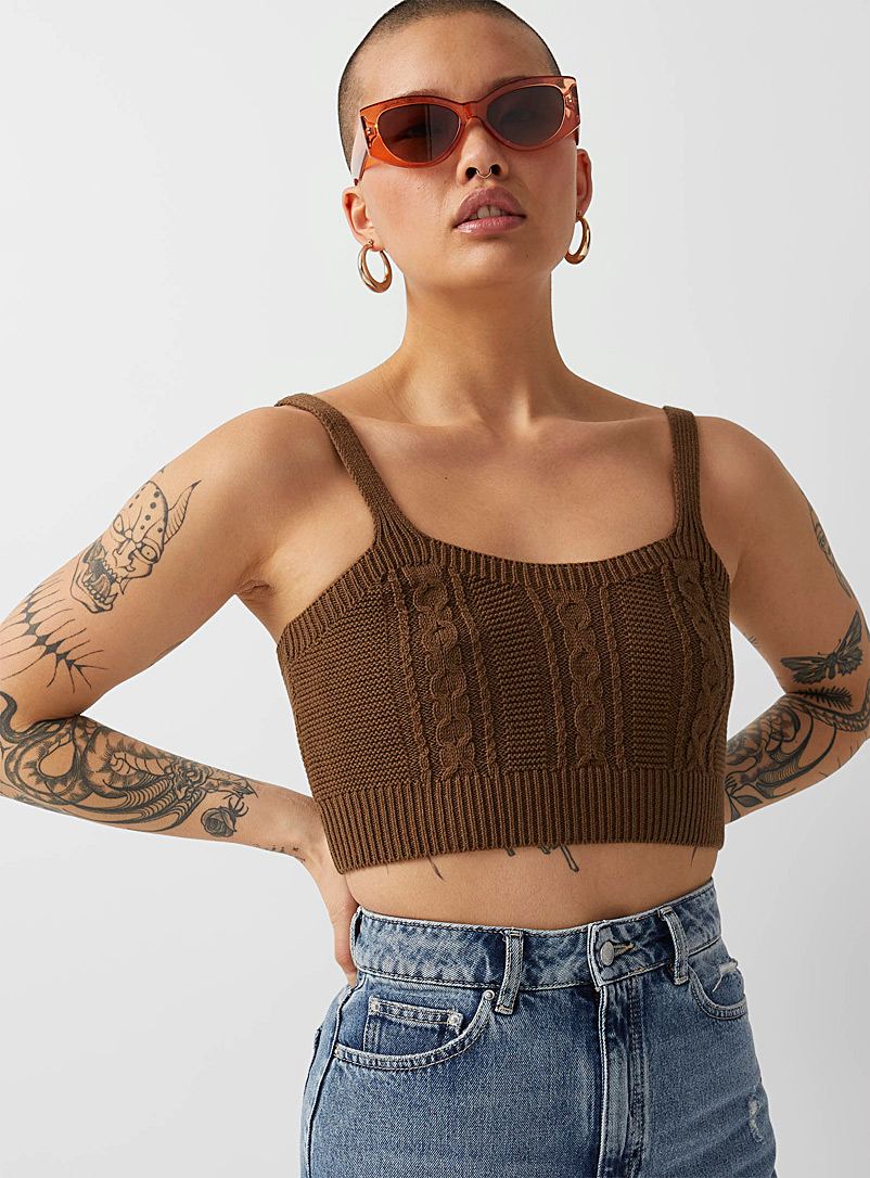 Twik Brown Cables and moss stitch cropped cami for women