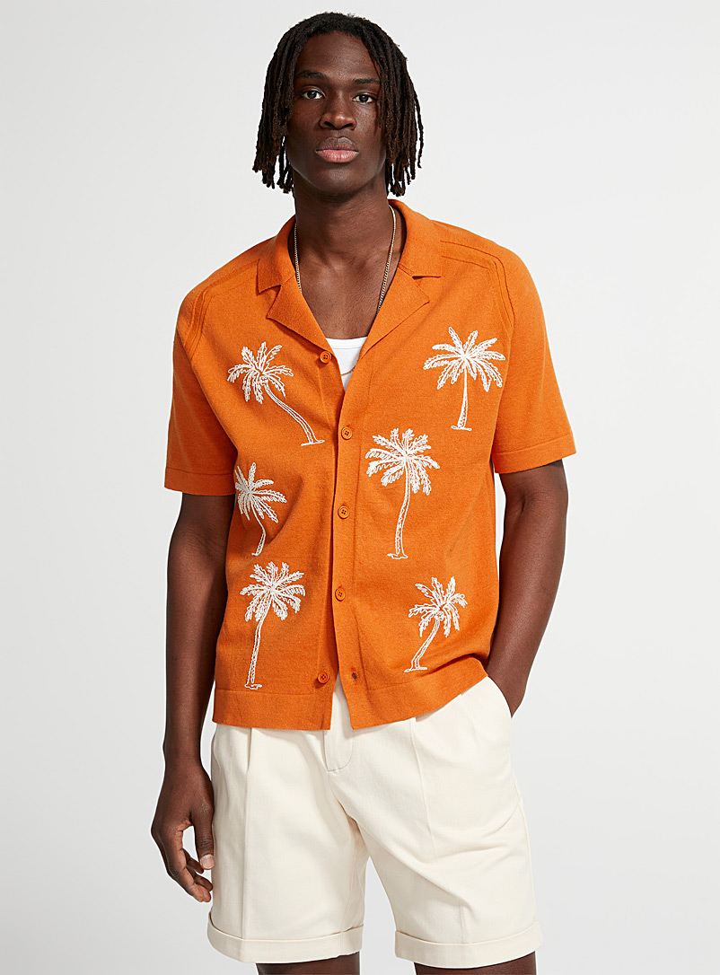 Le 31 Coral Embroidered palm tree knit shirt for men
