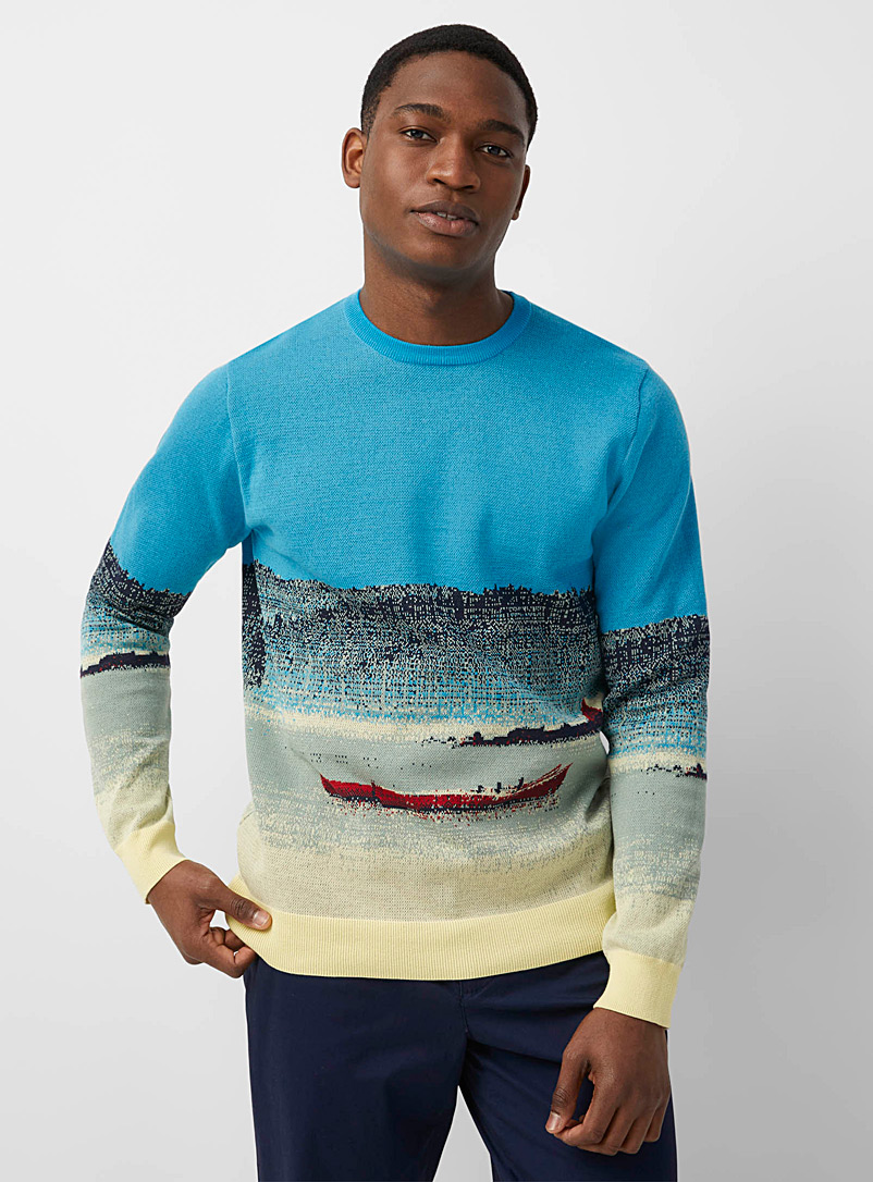 Le 31 Patterned Blue Southern jacquard sweater for men