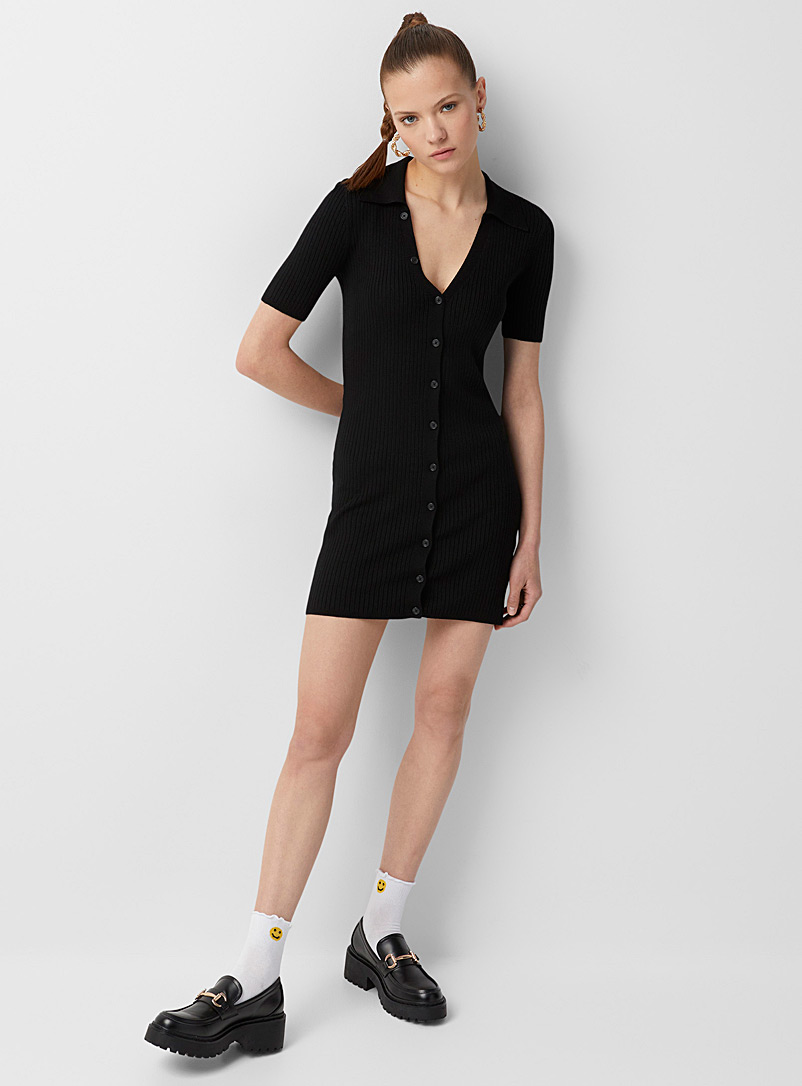Twik Black Buttoned ribbed polo dress for women
