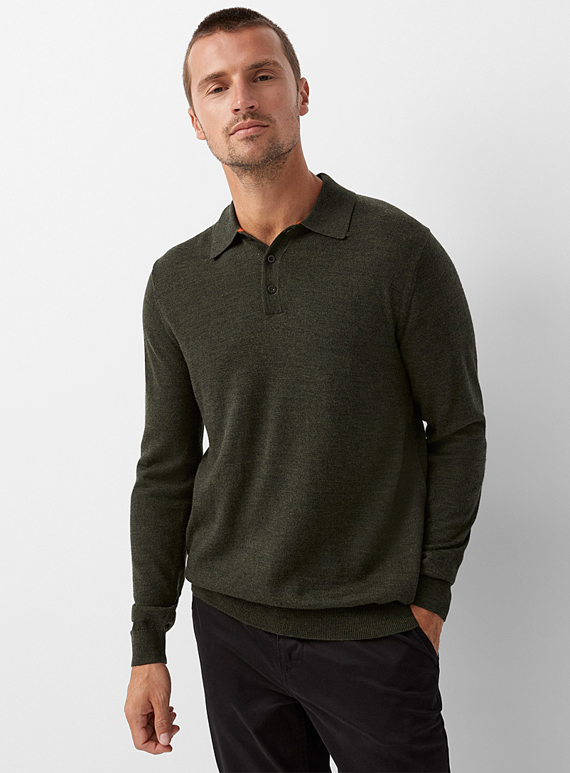 Le 31 Mossy Green Responsible merino polo sweater for men