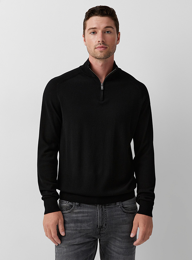Le 31 Black Responsible merino zip-neck sweater for men