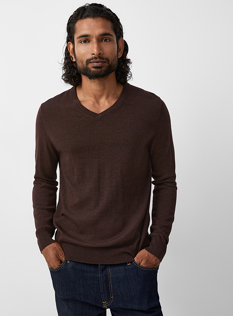 Le 31 Patterned Brown Responsible merino V-neck sweater for men