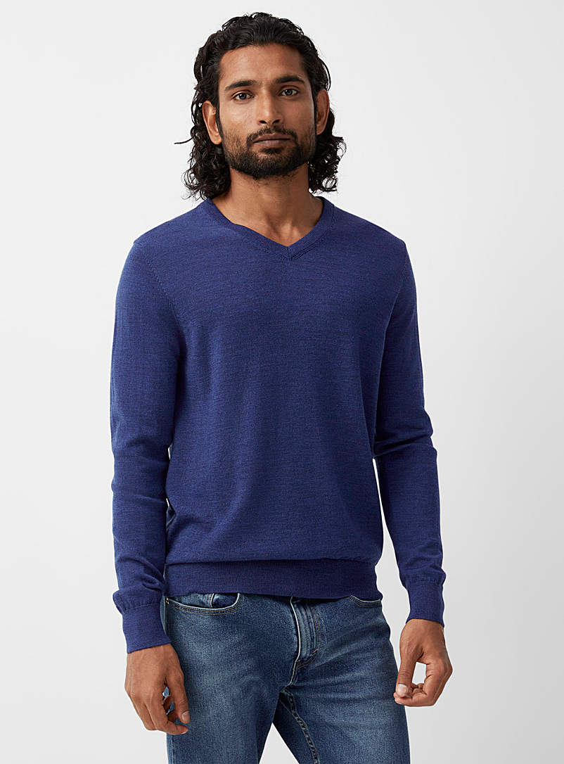 Le 31 Slate Blue Responsible merino V-neck sweater for men