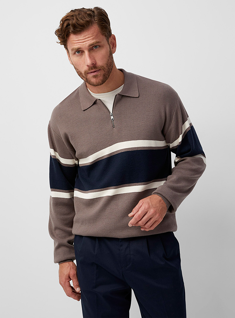 Le 31 Patterned Ecru Block-stripe polo collar sweater for men