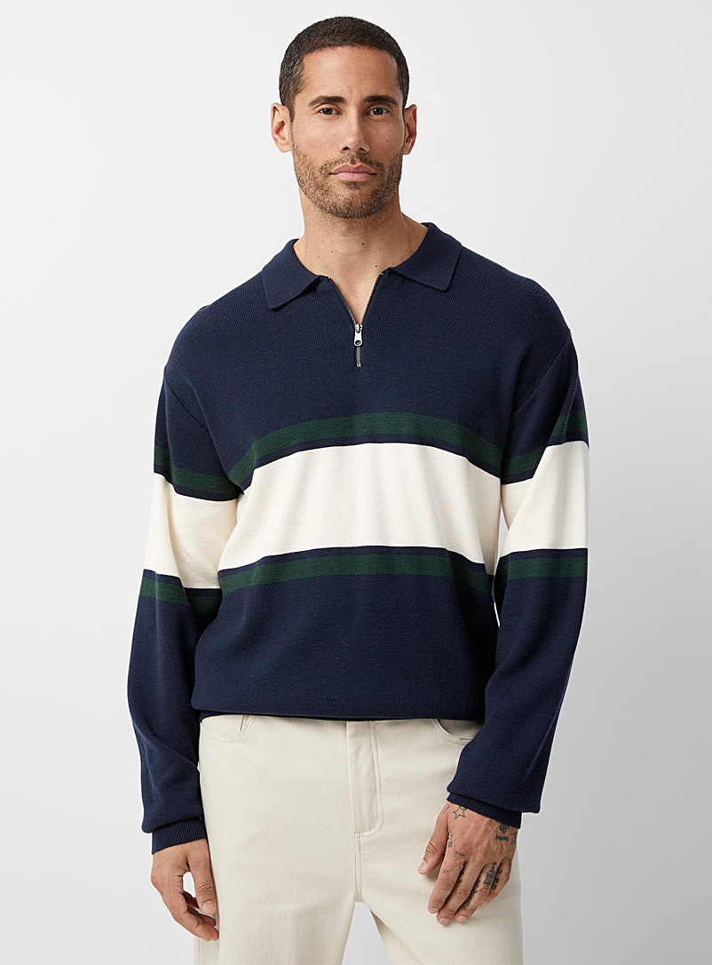 Le 31 Patterned Blue Block-stripe polo collar sweater for men