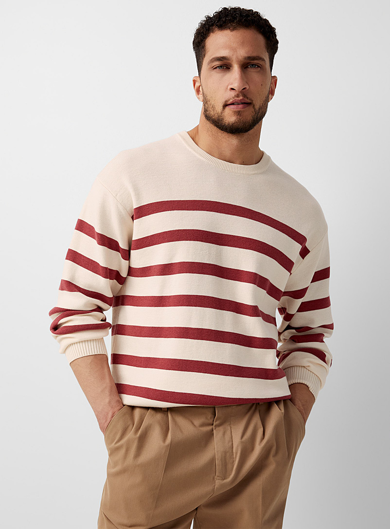 Le 31 Patterned Ecru Two-tone striped sweater for men