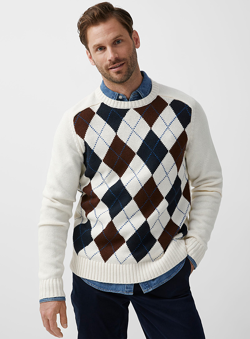 Le 31 Patterned Ecru Scottish argyle sweater for men