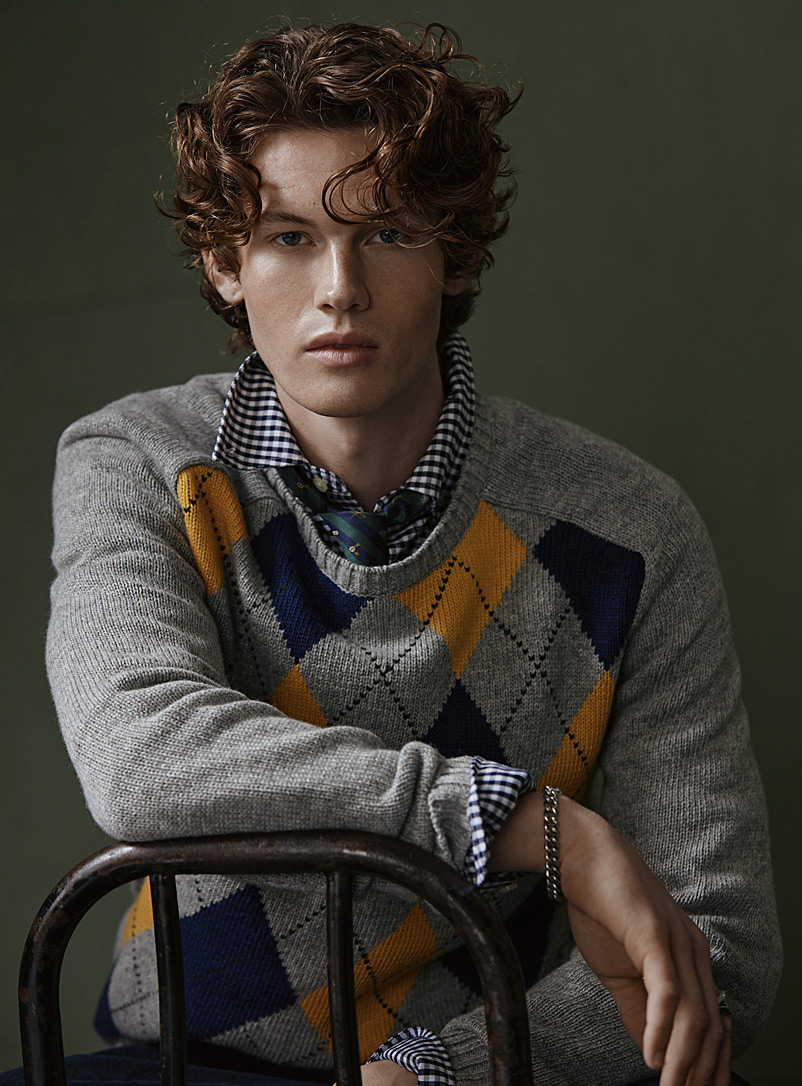 Le 31 Patterned Grey Scottish argyle sweater for men