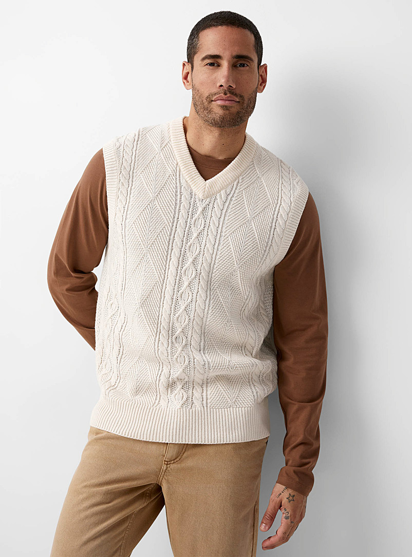 Le 31 Cream Beige Mixed knit sweater vest for men