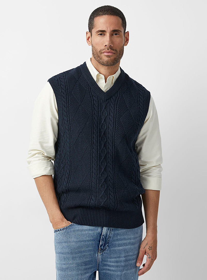 Le 31 Marine Blue Mixed knit sweater vest for men