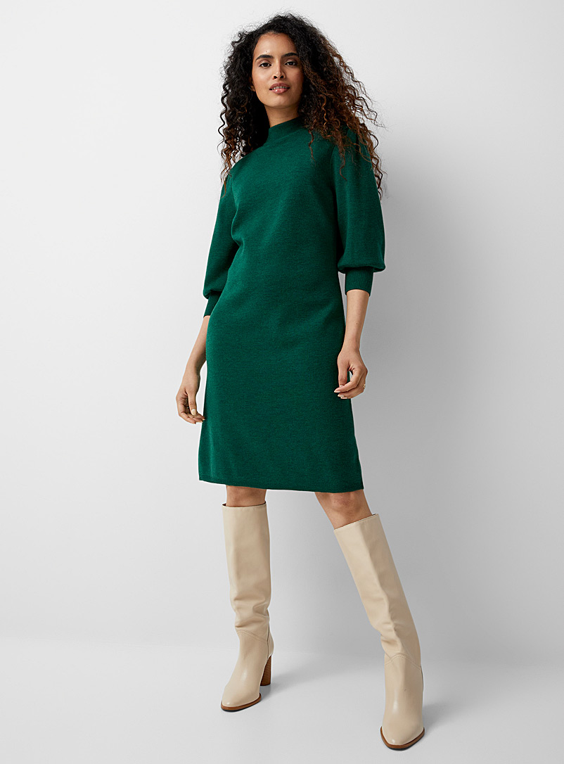 Contemporaine Bottle Green Puff-sleeve responsible merino wool dress for women