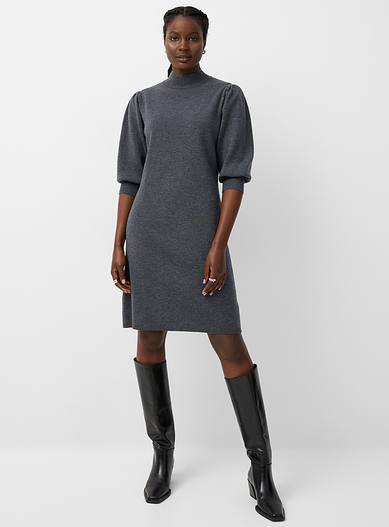 Contemporaine Dark Grey Puff-sleeve responsible merino wool dress for women