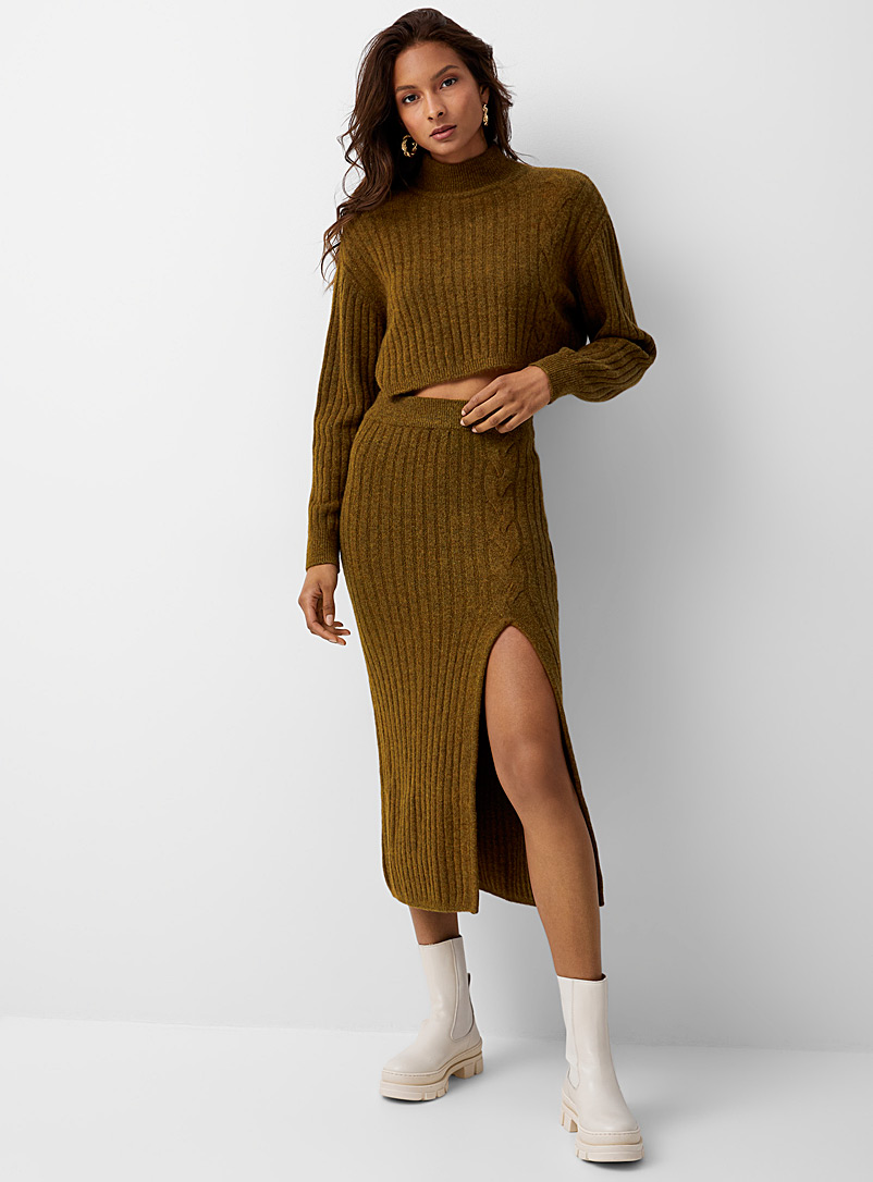 Icône Khaki Side-slit braided-detail knit skirt for women
