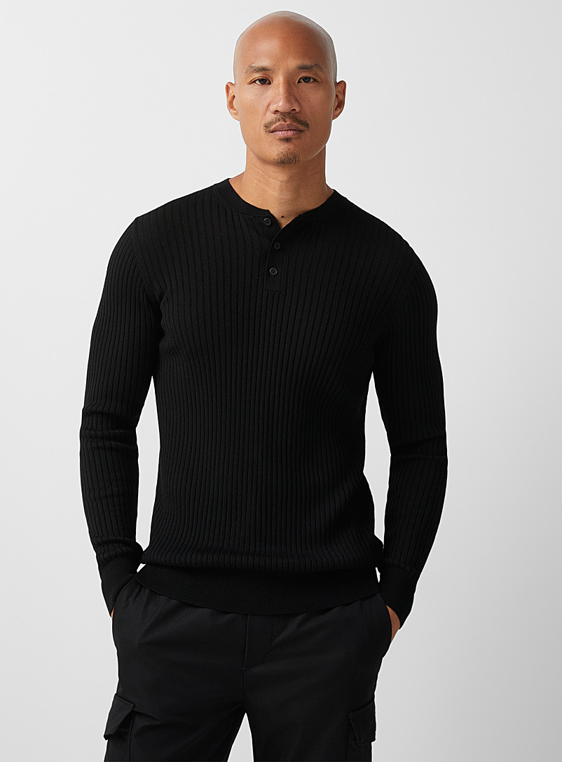 Le 31 Black Eco-friendly merino wool ribbed Henley sweater Innovation collection for men