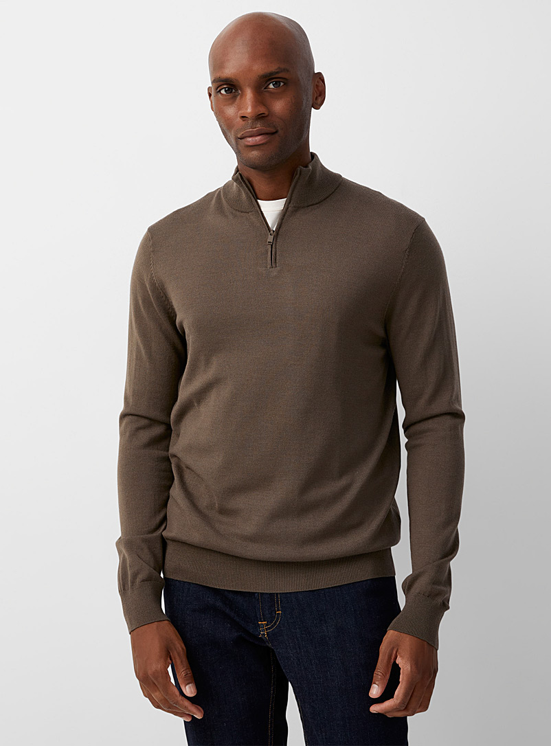 Le 31 Medium Brown Zipped mock-neck merinos sweater Innovation collection for men