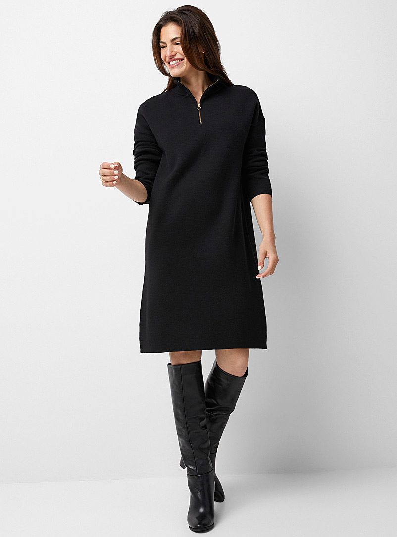 Contemporaine Black Zip-up mock neck knit dress for women
