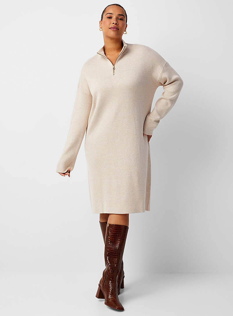 Contemporaine Ecru/Linen Zip-up mock neck knit dress for women
