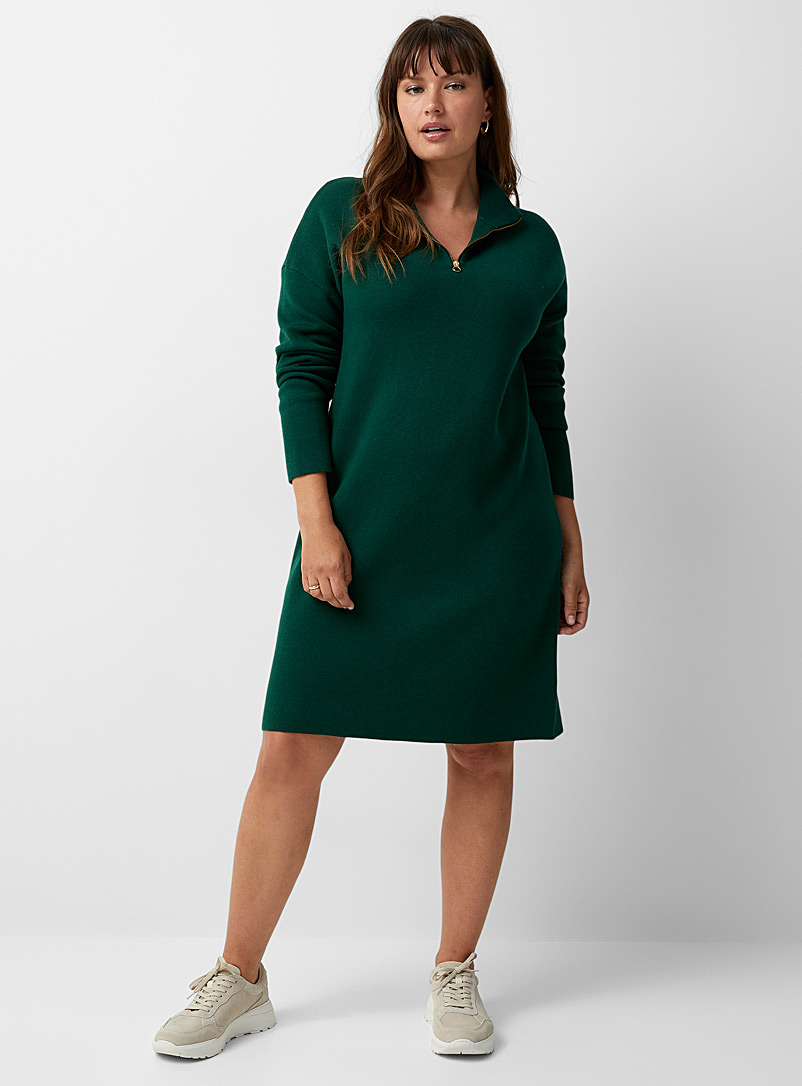 Contemporaine Green Zip-up mock neck knit dress for women