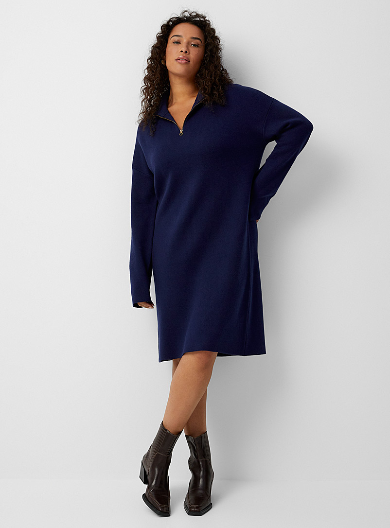Contemporaine Dark Blue Zip-up mock neck knit dress for women