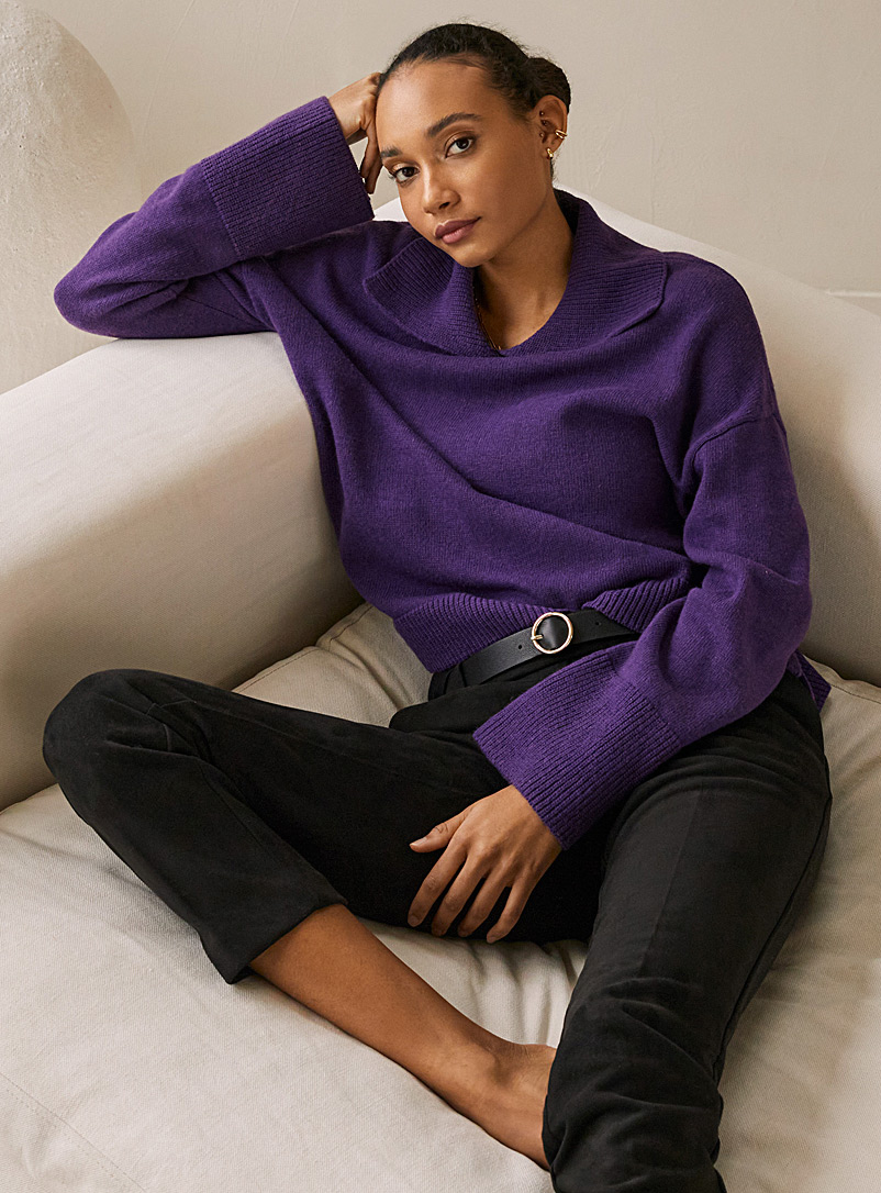 Contemporaine Mauve Rib-knit detail lapel collar sweater for women