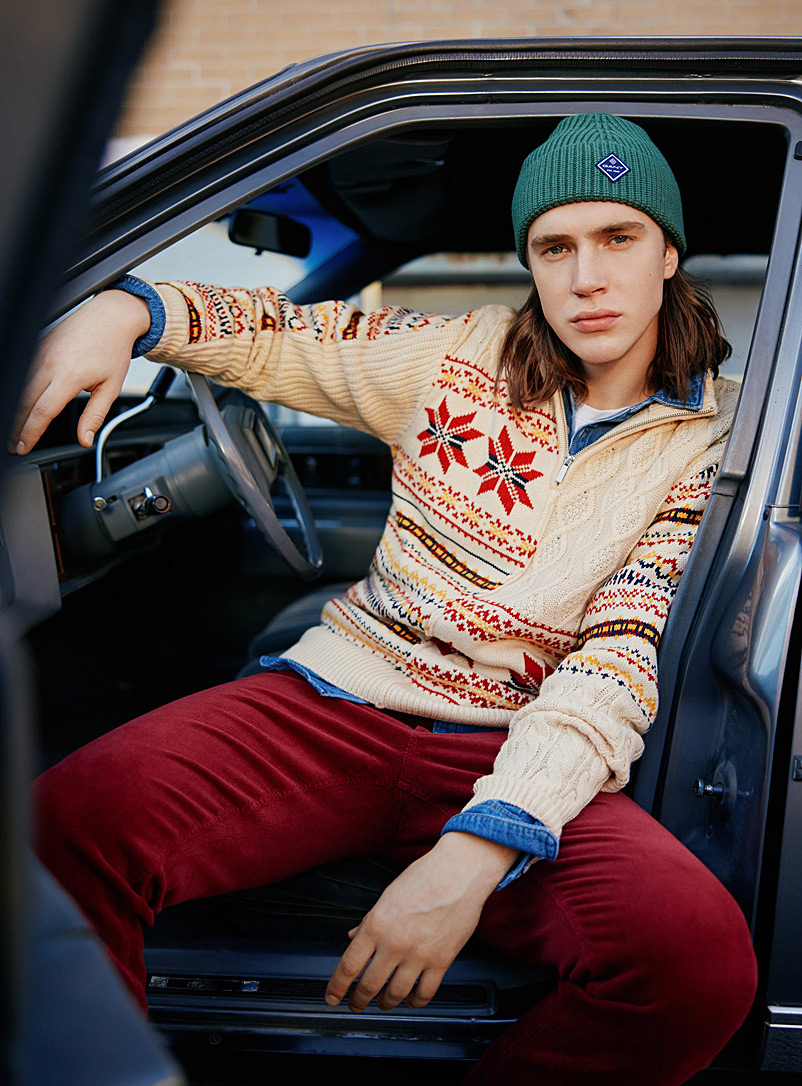 Le 31 Patterned Ecru Nordic jacquard patchwork sweater for men