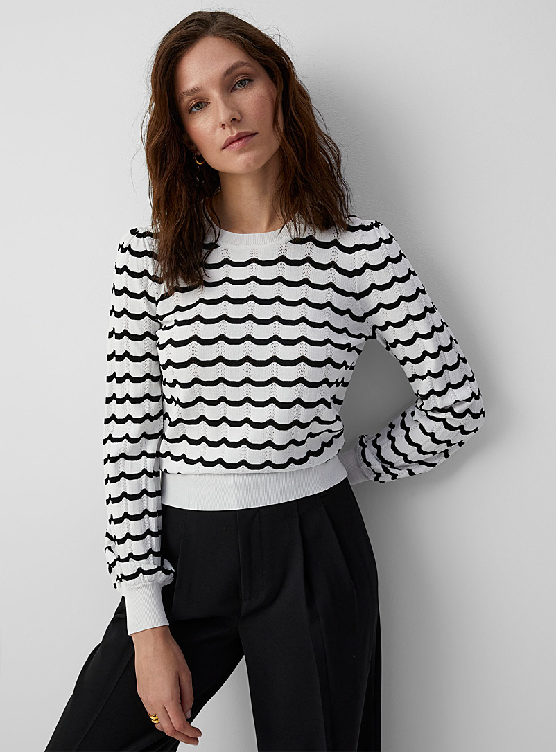 Contemporaine Ivory White Puff-sleeve openwork waves sweater for women