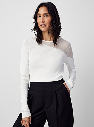 Contemporaine Ivory White Asymmetrical sheer insert sweater for women
