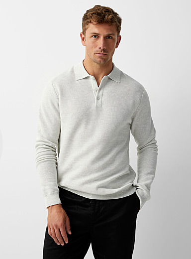 Le 31 Ivory White Optical honeycomb knit polo for men
