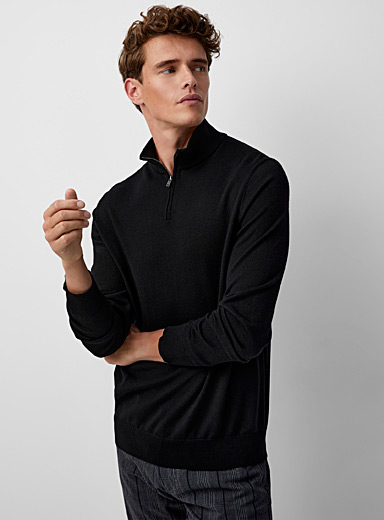 Le 31 Black Eco-friendly merino wool zipped-collar sweater for men