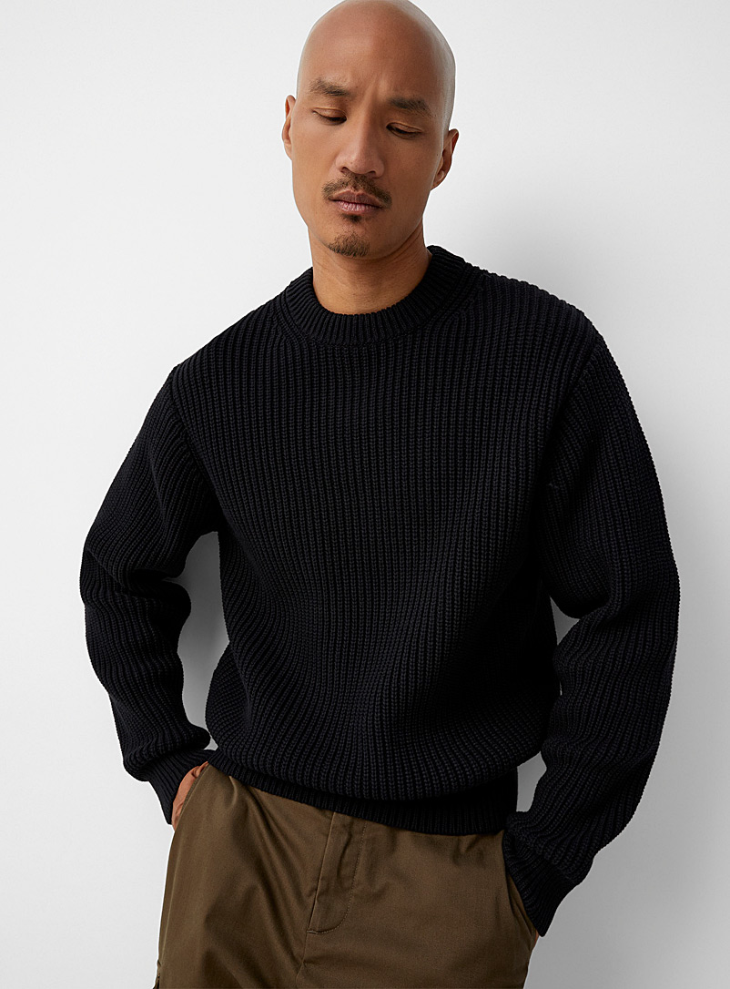 Le 31 Black Ribbed crew-neck sweater for men