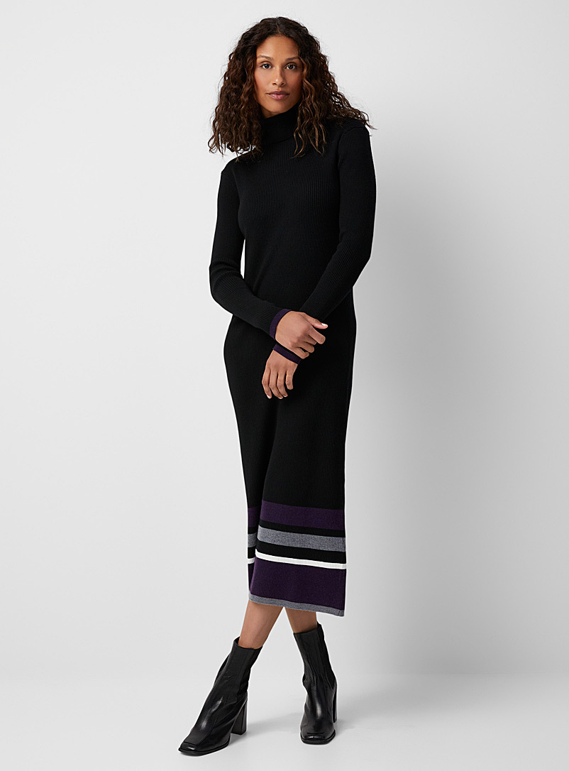 Contemporaine Patterned Black Striped block ribbed turtleneck dress for women