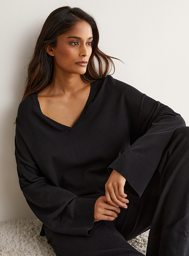 Miiyu: Le chandail détente fin tricot Noir pour femme
