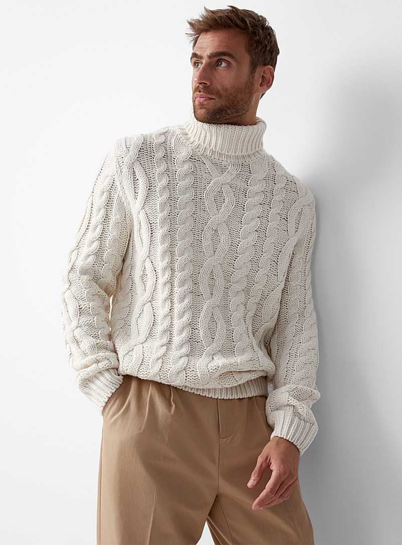 Le 31 Ivory White Cable knit turtleneck sweater for men