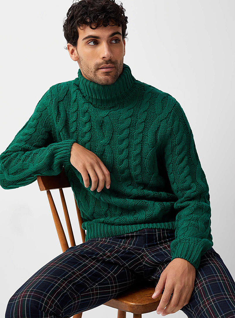 Le 31: Le chandail col roulé tricot câbles Vert pour homme