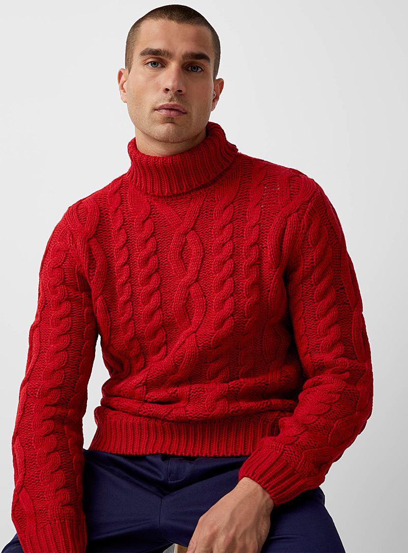 Le 31: Le chandail col roulé tricot câbles Rouge pour homme