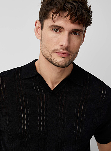 Pointelle Rib Long Sleeve Knit Polo