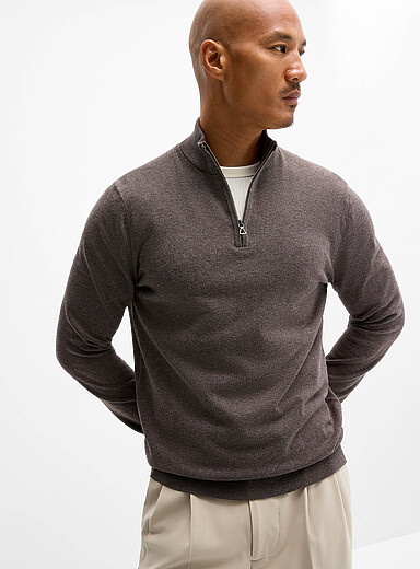 Le 31: Le chandail col zipp&eacute; tricot soyeux Brun pour homme