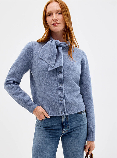 Ultra-soft tie-neck touch of wool cardigan