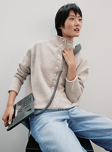Plush funnel-neck cardigan
