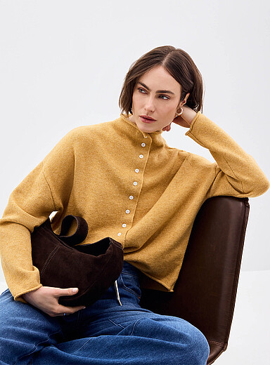 Contemporaine Slate Blue Plush funnel-neck cardigan for women