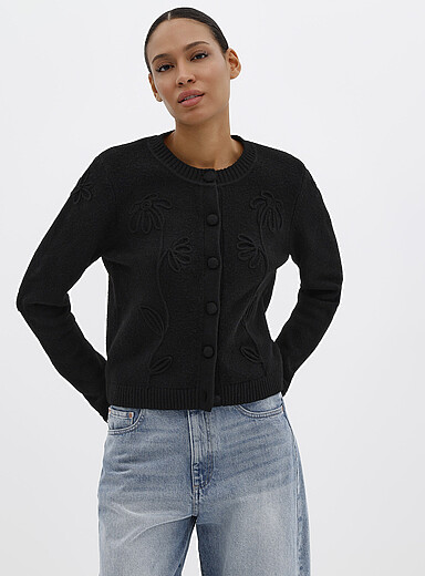 Contemporaine Black Touch of wool embossed flowers cardigan for women